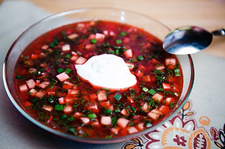 Cold borsch with sausage