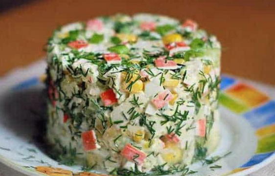 Crab salad with corn, egg and onions
